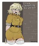  1girl arms_behind_back artist_name bag belt blonde_hair blue_eyes blush border breast_pocket breasts brick_wall commentary cropped_legs english_commentary english_text hellsing highres hitler_youth holding holding_bag large_breasts looking_at_viewer military_uniform miniskirt open_mouth pencil_skirt plastic_bag pocket seras_victoria shirt short_hair skirt smile solo taut_clothes taut_shirt thighhighs vampire white_border yablofap zettai_ryouiki 