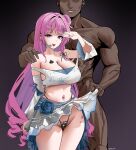  1boy 1girl absurdres arm_up armpit_crease artist_name bare_shoulders black_panties blacked_female blush breast_tattoo breasts character_name clothed_female_nude_male clothes_lift colored_inner_hair commentary commission cowboy_shot dark-skinned_male dark_skin detached_sleeves dorothy_(nikke) english_commentary goddess_of_victory:_nikke hair_ornament hetero highleg highleg_panties highres huge_breasts interracial long_hair looking_at_viewer microphone midriff miniskirt multicolored_hair navel navel_piercing nude one_side_up ong_doi open_mouth panties piercing pink_hair pixiv_commission purple_eyes purple_hair queen_of_spades_symbol race_fetishism race_fetishism_symbol simple_background skirt skirt_lift spade_(shape) spade_tattoo tattoo thighs thong thong_panties twitter_username underwear very_dark_skin very_long_hair wide_sleeves 