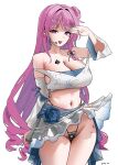  1girl absurdres arm_up armpit_crease artist_name bare_shoulders black_panties blacked_female blush breast_tattoo breasts character_name clothes_lift colored_inner_hair commentary commission cowboy_shot detached_sleeves dorothy_(nikke) english_commentary goddess_of_victory:_nikke hair_ornament highleg highleg_panties highres huge_breasts long_hair looking_at_viewer microphone midriff miniskirt multicolored_hair navel navel_piercing one_side_up ong_doi open_mouth panties piercing pink_hair pixiv_commission purple_eyes purple_hair queen_of_spades_symbol race_fetishism race_fetishism_symbol simple_background skirt skirt_lift solo spade_(shape) spade_tattoo tattoo thighs thong thong_panties twitter_username underwear very_long_hair white_background wide_sleeves 