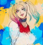  1girl aqua_hair blonde_hair blue_eyes breasts choker colored_tips commentary_request dc_comics eyelashes facial_mark grey_choker harley_quinn heart heart_facial_mark highres jacket lips long_hair makeup multicolored_hair open_clothes open_jacket open_mouth pink_hair sabi_(6535841) shirt smile solo suicide_squad suicide_squad_(2016_movie) teeth twintails 