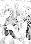  2girls animal_ear_fluff animal_ears bare_shoulders blush collarbone fox_ears fox_girl greyscale hand_on_another's_head highres hug long_hair medium_hair monochrome multiple_girls smile speech_bubble touhou translation_request yakumo_ran yakumo_yukari yohane 