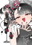  1girl :3 asymmetrical_bangs asymmetrical_legwear bat_wings black_bra black_hair black_leotard black_shoes black_socks black_thighhighs blunt_bangs blush bow bra bra_strap breasts cat_hair_ornament chain commentary dated demon_horns demon_tail detached_sleeves drill_hair earrings fang frilled_leotard frills full_body gradient_hair grey_hair hair_bow hair_ornament hairclip heart heart_print highres holding holding_syringe horns jewelry leotard looking_at_viewer mesugaki mesugaki_pose mole mole_under_eye multicolored_hair multiple_earrings multiple_necklaces multiple_views necklace on_stool original red_eyes red_nails shoes signature simple_background sitting small_breasts smug socks spade_(shape) stool syringe tail tail_ornament tail_ring tattoo thighhighs translated tsukana_(saba_mizore) twitter_username underwear upper_body white_background wings 