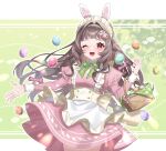  1girl absurdres animal_ears apron basket blush bow brown_hair dress easter_egg egg estelle_(vtuber) green_ribbon hair_bow hair_ornament highres holding holding_basket indie_virtual_youtuber juliet_sleeves long_hair long_sleeves looking_at_viewer maid_headdress mole mole_under_mouth one_eye_closed open_mouth pink_bow pink_dress puffy_sleeves red_eyes ribbon sheep_ears sheep_girl sheep_hair_ornament short_dress simple_background smile solo tatata_n3b7 virtual_youtuber 