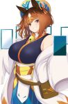  1girl akitsugu_hisagi blue_hat blue_kimono blunt_bangs blush bob_cut breasts brown_hair coat commentary_request cosplay cowboy_shot duel_masters floating floating_object grin hair_ribbon haori hat highres horse_girl japanese_clothes kimono large_breasts looking_at_viewer medium_hair obi oneon_faerie oneon_faerie_(cosplay) orange_ribbon red_eyes ribbon sash simple_background sleeveless sleeveless_kimono smile solo transcend_(umamusume) umamusume white_background white_coat white_sash 