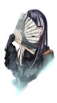  1girl black_choker black_gloves black_hair blue_eyes blunt_bangs choker commentary covered_face cropped_torso dress frilled_dress frills gloves gothic_lolita green_dress grey_hair hand_fan highres hime_cut holding holding_fan hololive hololive_dev_is juufuutei_raden juufuutei_raden_(1st_costume) ko-omote_mask lace lace_choker lolita_fashion long_hair long_sleeves looking_at_viewer mask multicolored_hair noh_mask simple_background solo straight_hair streaked_hair two-tone_hair untranslatable_commentary virtual_youtuber white_background yuyaiyaui 
