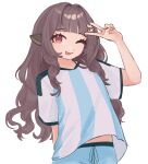  1girl 2026_fifa_world_cup absurdres animal_ears argentinian_national_soccer_team_uniform blue_shirt blue_shorts collared_shirt commentary english_commentary estelle_(vtuber) highres indie_virtual_youtuber long_hair multicolored_shirt one_eye_closed panties pwpper red_eyes sheep_ears sheep_girl shirt shorts simple_background smile soccer_uniform solo sportswear striped_clothes striped_panties tongue tongue_out underwear v virtual_youtuber white_background world_cup 