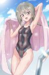  1girl arm_behind_head armpits black_one-piece_swimsuit blue_sky breasts cloud commentary_request competition_swimsuit covered_navel cowboy_shot day green_eyes grey_eyes grey_hair highleg highres holding holding_towel looking_at_viewer low_ponytail masamune_mino medium_hair minowa_gin multicolored_swimsuit one-piece_swimsuit outdoors ponytail sky small_breasts smile solo swimsuit towel washio_sumi_wa_yuusha_de_aru wet yuusha_de_aru 