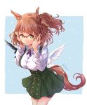  1girl animal_ears aston_machan_(casual)_(umamusume) aston_machan_(umamusume) blush breasts brown_hair casual closed_mouth commentary_request ear_scrunchie glasses green_eyes green_skirt hair_ornament hands_up highres horse_ears horse_girl horse_tail large_breasts long_sleeves looking_at_viewer medium_hair one_side_up over-rim_eyewear red-framed_eyewear red_scrunchie sakimiya_(inschool) scrunchie semi-rimless_eyewear shirt skirt smile solo suspender_skirt suspenders tail umamusume white_shirt white_wings wings 