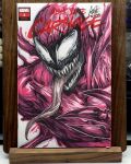  1boy art_tools_in_frame bodysuit carnage_(marvel) commentary cover_sketch english_commentary highres long_tongue male_focus marker_(medium) marvel monster_boy photo_(medium) pink_bodysuit sharp_teeth signature stanley_lau symbiote teeth tendrils_from_back tongue traditional_media very_long_tongue 