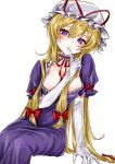  1girl blonde_hair bow breasts choker closed_mouth commentary_request dress elbow_gloves frilled_choker frills gap_(touhou) gloves hair_bow hat highres large_breasts long_hair looking_at_viewer mob_cap multiple_hair_bows purple_dress purple_eyes red_bow red_ribbon ribbon sanagi2naritai4 sitting sleeve_bow solo touhou white_gloves white_hat yakumo_yukari 