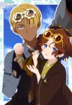  1boy 1girl absurdres anime_coloring animedia artist_request azami_rindou black_gloves blonde_hair blue_eyes brown_hair closed_mouth collared_shirt copyright_name copyright_notice dark-skinned_male dark_skin eyewear_on_head fingerless_gloves flower-shaped_eyewear food gloves grey_eyes grey_shirt highres holding holding_food holding_ice_cream holding_spoon ice_cream iwaizuki_nadeshiko japanese_clothes kimono looking_at_viewer magazine_scan official_art parted_lips scan shirt short_hair shunkashuutou_daikousha smile spoon sunglasses third-party_source upper_body very_short_hair vest waistcoat 
