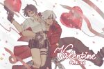  1boy 1girl arm_around_another's_waist arm_around_neck black_hair coat dante_(devil_may_cry) dated devil_may_cry_(series) devil_may_cry_3 gun happy_valentine heart highres lady_(devil_may_cry) looking_to_the_side microwavedfizh rebellion_(sword) red_coat short_hair smile sword valentine weapon white_background white_hair 
