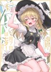  1girl absurdres apron back_bow bamboo black_hat black_shoes black_skirt black_vest blonde_hair blush border bow braid breasts commentary_request dot_nose frilled_skirt frills green_bow hair_bow hand_on_headwear hat hat_bow highres kirisame_marisa long_hair mary_janes open_mouth outside_border puffy_short_sleeves puffy_sleeves shoes short_sleeves side_braid single_braid sitting skirt small_breasts socks solo sweatdrop tanabata tanzaku thighs touhou translation_request vest waist_apron white_apron white_bow white_socks witch_hat yellow_border yellow_eyes youyume-kun 
