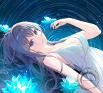  artist_name black_hair blue_eyes breasts brown_hair bug butterfly cleavage collarbone commentary_request crystal dress flower glowing kagachi_saku looking_at_viewer lotus lying medium_breasts on_back original partially_submerged patterned_background purple_hair sky sleeveless smile spaghetti_strap star_(sky) starry_sky sundress time_lapse upper_body water watermark web_address wet white_dress 
