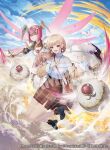  2girls :d above_clouds amano_misaki ankle_boots armor bag belt black_belt blonde_hair blue_sky bob_cut boots brown_jacket brown_skirt brown_socks chest_jewel choppy_bangs circlet clawed_gauntlets closed_mouth cloud commentary_request copyright_notice crossover double-parted_bangs dress drone duel_masters duel_masters_(classic) earrings flower_earrings flying fur-trimmed_sleeves fur_trim furen_e_lustario furen_e_lustario_(4th_costume) gem gown green_eyes hair_between_eyes hair_over_shoulder highres inverted_bob jacket jewelry jumping light_particles long_hair long_sleeves looking_at_viewer multiple_girls nijisanji off-shoulder_sweater off_shoulder official_art one-eyed open_clothes open_jacket outstretched_arms pauldrons pencil_skirt pink_hair pink_wings plaid_clothes plaid_skirt pom_pom_(clothes) pom_pom_earrings red_eyes red_gem robot_girl sample_watermark see-through_cleavage see-through_clothes shoulder_armor shoulder_bag side_slit skirt sky sleeves_past_wrists smile socks spread_arms sweater turtleneck turtleneck_sweater virtual_youtuber watermark white_dress white_sweater winged_headwear wings 