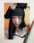  1.m.fine 1girl allday_project art_tools_in_frame beanie black_hair black_hat border breasts brown_eyes colored_pencil colored_pencil_(medium) commentary_request east_asian grey_nails hands_on_own_head hat highres jewelry k-pop korean_commentary long_hair looking_at_viewer necklace orange_background parted_lips pencil photo_(medium) photorealistic portrait real_life realistic red_lips signature small_breasts solo streetwear traditional_media white_border youngseo_(allday_project) 