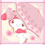  1girl animal_ears bilingual_commentary blush border bow brown_eyes chibi chibi_only chibikemo commentary english_commentary flower furry furry_female hair_bow heart holding holding_umbrella jirachicute28 lace-trimmed_bow lace_trim looking_at_viewer mixed-language_commentary my_melody my_melody_(series) parasol pink_border pink_bow pink_flower pink_umbrella rabbit_ears rabbit_girl rabbit_tail sanrio solo spanish_commentary tail umbrella watermark yellow_background 
