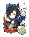  1girl air_shakur_(racehorse) air_shakur_(umamusume) air_shakur_(unsigned)_(umamusume) black_hair black_jacket chain chain_necklace closed_mouth earclip eyebrow_piercing face_piercing finger_gun highres jacket jewelry looking_at_viewer necklace open_clothes open_jacket piercing pointing pointing_at_viewer real_life scrunchie shirt short_hair sk1y_as smile solo stuffed_animal stuffed_horse stuffed_toy umamusume upper_body watermark watermark_grid wrist_scrunchie yellow_eyes yellow_shirt 