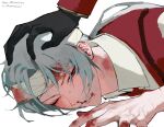  1boy 1other artist_name bandaged_head bandages black_gloves blood blood_on_face blood_on_hand collared_shirt curtained_hair gloves grey_hair half-closed_eye hand_on_another's_head head_pinned_down highres jacket limbus_company long_hair long_sleeves low_ponytail lucio_(project_moon) lying male_focus nosebleed one_eye_closed out_of_frame parted_lips ponytail project_moon purple_eyes red_jacket red_vest shirt simple_background solo_focus sweat vest white_background white_shirt yopiems 