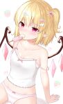  1girl absurdres bare_arms bare_shoulders blonde_hair bow bow_panties breasts camisole collarbone commentary_request cowboy_shot flandre_scarlet food food-themed_hair_ornament food_in_mouth hair_ornament hairclip heart heart_hair_ornament highres midriff_peek mouth_hold no_pants nyanyanoruru one_side_up panties pointy_ears popsicle popsicle_in_mouth red_eyes short_hair simple_background sitting small_breasts solo strap_slip strawberry_hair_ornament striped_clothes striped_panties sweat touhou underwear wing_hair_ornament wings 