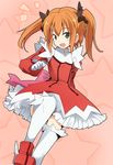  blue_eyes bow dress frills gloves hair_bow ixy kaitou_tenshi_twin_angel leg_lift minazuki_haruka_(twin_angel) open_mouth orange_hair short_hair solo standing standing_on_one_leg star thighhighs twin_angel twintails white_legwear 