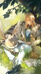  1boy absurdres anima_(honkai:_nexus_anima) black_boots black_vest blonde_hair book boots brown_coat closed_mouth coat commentary_request earrings full_body green_eyes highres holding holding_quill honkai:_nexus_anima honkai_(series) jewelry knee_up looking_at_animal male_focus mechanical_arms mechanical_hands open_book otto_(honkai:_nexus_anima) outdoors pants paper quill shirt single_mechanical_arm single_mechanical_hand sitting smile solo uwon vest white_pants white_shirt 