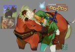  1boy animal artist_logo artist_name blonde_hair closed_eyes english_commentary epona green_tunic highres holding holding_instrument holding_ocarina horse instrument jacket_mine kiss kissing_animal kissing_forehead link logo master_sword navi pointy_ears reference_inset sword sword_on_back the_legend_of_zelda the_legend_of_zelda:_ocarina_of_time tunic weapon weapon_on_back 