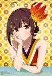  1girl absurdres ahoge anime_coloring animedia artist_request bare_arms brown_eyes brown_hair closed_mouth collarbone copyright_name copyright_notice feather_hair_ornament feathers floral_background grow_up_show:_himawari_no_circus-dan hair_bun hair_ornament hand_on_own_cheek hand_on_own_face head_on_hand highres light_blush looking_at_viewer magazine_scan official_art scan short_hair sidelocks single_hair_bun sleeveless smile solo sparkle_hair_ornament split_mouth third-party_source tsurumaki_mizuka upper_body 