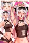  1girl :3 armpits arms_up black_lips black_nails blush blush_stickers breasts closed_mouth commentary corrupted_twitter_file crop_top earrings english_commentary english_text eyewear_on_head fishnet_pantyhose fishnets frieren green_eyes hand_on_own_hip heart highres hotaru_sen jewelry lipstick long_hair makeup medium_breasts multiple_views nail_polish navel_piercing pantyhose parted_lips piercing pointy_ears sleeveless snakebite_(piercing) sousou_no_frieren sparkle sunglasses teardrop_earrings thick_eyebrows torn_clothes twintails white_background white_hair 