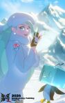  1girl bird blue_eyes breasts demonqz7 earrings eiscue eiscue_(ice) fur_hat gloves hat highres ice jewelry long_hair long_sleeves mature_female melony_(pokemon) mountain multicolored_hair open_mouth outdoors pearl_earrings penguin pokemon pokemon_(creature) pokemon_sword_and_shield scarf single_glove smile snow solo sweater white_hat white_scarf white_sweater 