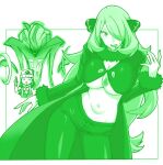  2girls ^_^ breasts closed_eyes crop_top cynthia_(pokemon) dawn_(pokemon) eyelashes green_theme hair_ornament hair_over_one_eye highres huge_breasts kenchi long_hair malamar mega_malamar mega_pokemon multiple_girls open_mouth pokemon pokemon_diamond/pearl/platinum surprised thumbs_up very_long_hair wide-eyed 