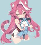  1girl animal_ears bare_shoulders blush chattino_(raora_panthera) commentary fang hair_intakes highres hololive hololive_english long_hair looking_at_viewer multicolored_hair onlyhakua open_mouth panther_ears panther_girl panther_tail pink_hair pink_tail raora_panthera raora_panthera_(1st_costume) shirt shorts signature simple_background smile streaked_hair tail thighs two-tone_hair virtual_youtuber white_hair white_shirt white_shorts yellow_eyes 