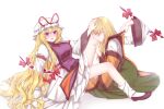  2girls absurdres anger_vein angry black_shoes blonde_hair blush bow commentary detached_sleeves dress embarrassed frilled_dress frills gap_(touhou) green_skirt hair_bow hat hat_ribbon highres licking_thigh long_hair long_sleeves matara_okina mob_cap mochigumo multiple_girls multiple_hair_bows open_mouth orange_sleeves orange_tabard portal_(object) purple_eyes purple_tabard red_bow red_ribbon ribbon shoes simple_background skirt socks spread_legs tabard touhou very_long_hair white_background white_dress white_hat white_socks wide_sleeves yakumo_yukari yuri 