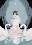  1girl animal bare_shoulders bird black_hair closed_eyes commentary crescent_moon dress flower gghost0627 highres holding holding_animal lily_pad lotus moon off-shoulder_dress off_shoulder original pink_dress short_hair short_sleeves signature solo swan wading water 