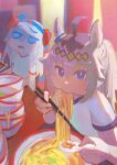  2girls ahoge blue_eyes bowl chopsticks commentary cross-shaped_pupils ear_covers eating flat_chest food grey_hair highres holding holding_chopsticks horse_girl indoors long_hair looking_at_viewer multiple_girls noodles oguri_cap_(umamusume) ramen restaurant shirt signature sitting slurping snorezu symbol-shaped_pupils tamamo_cross_(umamusume) tracen_training_uniform umamusume white_shirt 