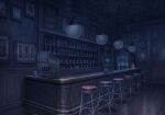  bar_(place) bar_counter bar_stool blue_archive bottle ceiling ceiling_light certificate crt cup dark game_asset hanging_light indoors jar jukebox lamp mug night no_humans non-web_source official_art ornate perspective picture_frame scenery shelf stool teapot television wide_shot wooden_floor wooden_wall 