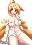  animal_ears blonde_hair bottomless breasts cleavage covered_nipples dearmybrothers fox_ears fox_tail highres large_breasts midriff multiple_tails naked_shirt navel no_bra off_shoulder open_clothes open_mouth open_shirt red_eyes shirt short_hair solo tail touhou yakumo_ran 