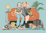  2girls amillion_(zenless_zone_zero) anby_demara ankle_boots antique_phone bag_of_chips bangboo_(zenless_zone_zero) black_boots black_skirt blue_pants boots bottle candy commentary_request couch cushion desk_lamp earrings food green_eyes grey_hair hair_ornament hairclip headphones heart heart_earrings highres jewelry lamp leg_warmers lollipop looking_at_viewer multiple_girls nicole_demara on_couch pants phone pink_hair plant platform_boots red_eyes revision rotary_phone rug shiro_chan46 shirt shoelaces shoes sitting skirt sneakers soda_bottle striped_clothes striped_shirt suitcase t-shirt twintails two-tone_shirt vinyl_record zenless_zone_zero 