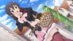  1girl basket belt belt_buckle black_shirt blue_sky blush bow braid breasts brick_wall brown_belt brown_hair buckle cleavage_cutout clothing_cutout cloud collared_shirt cowboy_shot crown_braid day dutch_angle game_asset hair_bow hand_on_own_cheek hand_on_own_face highres holding holding_basket house kono_subarashii_sekai_ni_shukufuku_wo! kono_subarashii_sekai_ni_shukufuku_wo!_kono_yokubukai_game_ni_shinpan_o! large_breasts long_sleeves looking_to_the_side low_twintails necktie non-web_source official_art open_mouth outdoors pink_necktie pink_skirt pink_thighhighs puffy_long_sleeves puffy_sleeves red_bow red_eyes self-datamine shirt short_necktie skirt sky solo standing thighhighs twintails v-shaped_eyebrows wicker_basket yunyun_(konosuba) 