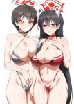  2girls alternate_costume alternate_hairstyle animal_ears bikini black_bikini black_hair blue_archive blue_eyes breasts cleavage commentary english_commentary hair_length_switch halo hand_on_own_chest highres huge_breasts long_hair looking_at_viewer multiple_girls navel panzaa raccoon_ears raccoon_girl red_bikini red_eyes red_halo rio_(blue_archive) short_hair simple_background stomach swimsuit thighs tsubaki_(blue_archive) very_long_hair white_background 