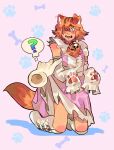  1boy ? animal_ears artist_name bare_shoulders bell blush bone_print_background boots cat_boy cat_ears clothes_lift collar commentary crossdressing disembodied_hand english_commentary fangs folded_ear freckles frilled_sleeves frills girly_boy gloves green_eyes hair_over_one_eye highres knee_boots kneeling male_focus molokomyau neck_bell orange_hair orange_tail original paw_print paw_print_background pink_background red_collar shadow shiny_clothes short_hair silk skirt skirt_lift speech_bubble tail teeth twitching 