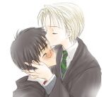  2boys black_hair blonde_hair blush child closed_eyes commentary draco_malfoy english_commentary glasses harry_potter harry_potter_(series) hogwarts_school_uniform kiss kissing_forehead lowres multiple_boys school_uniform simple_background white_background wizarding_world yaoi yukipon 