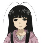  1girl antenna_hair black_eyes black_hair blunt_bangs expressionless highres hime_cut hood hoodie jimiko kano_kino long_hair long_sidelocks looking_at_viewer original pink_hoodie portrait sidelocks simple_background solid_eyes solo suwa_machi_(kano_kino) thick_eyebrows white_background 