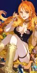  1girl bangle bracelet braid breasts brook_(one_piece) character_doll cleavage coin collarbone commentary crop_top doll earrings feet_out_of_frame food franky_(one_piece) fruit fur_leg_warmers gold_bangle gold_choker gold_coin highres jewelry jinbe_(one_piece) knees_up large_breasts leg_warmers long_hair looking_at_viewer mandarin_orange monkey_d._luffy multiple_braids nami_(one_piece) neo777 nico_robin official_alternate_costume official_alternate_hairstyle one_piece open_mouth orange_(fruit) orange_eyes orange_hair orange_slice pearl_earrings roronoa_zoro sanji_(one_piece) single_braided_sidelock sitting straw_hat_pirates thigh_strap tony_tony_chopper untranslatable_commentary usopp yellow_nails 