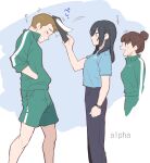  +++ 1boy 2girls :d alpha_(user_jxtj2385) arm_at_side artist_name black_hair black_pants blue_background blue_shirt brown_hair clenched_hand clipboard closed_eyes closed_mouth commentary_request cropped_legs facing_another feet_out_of_frame from_side green_jacket green_shorts green_track_suit gym_teacher hair_bun hand_in_pocket hand_up highres hitting holding holding_clipboard jacket long_hair looking_at_another motion_lines multiple_girls open_mouth original pants profile shirt short_hair short_sleeves shorts single_hair_bun single_vertical_stripe smile standing teacher teacher_and_student track_jacket track_suit translation_request two-tone_background very_short_hair white_background 