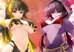  2girls adapted_costume antennae bare_shoulders bikini black_bikini black_hair black_sleeves blonde_hair blunt_bangs breasts cleavage clothing_cutout commentary_request cowboy_shot detached_sleeves duel_monster eyepatch_bikini fake_antennae hair_between_eyes hair_through_hood highres hime_cut hood hood_up jacket kouusagi large_breasts long_hair looking_at_viewer low_twintails mitsu_the_insect_ninja monster_girl multicolored_hair multiple_girls navel open_mouth pale_skin partially_unzipped purple_hood purple_jacket ragnaraika_chain_coils red_bikini sidelocks single_detached_sleeve standing stomach swimsuit thigh_cutout twintails two-tone_hair underboob yellow_eyes yu-gi-oh! 