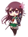  1girl :d bangs blue_jacket blush brown_hair brown_legwear cannon crescent crescent_moon_pin eyebrows_visible_through_hair floating_hair full_body green_sailor_collar green_skirt grey_footwear hair_between_eyes hair_ornament hand_up jacket kantai_collection kisaragi_(kantai_collection) long_hair long_sleeves looking_at_viewer naga_u neckerchief open_clothes open_jacket open_mouth outline pink_outline pleated_skirt purple_eyes red_neckwear remodel_(kantai_collection) sailor_collar school_uniform serafuku skirt smile solo standing thighhighs torpedo_tubes turret upper_teeth very_long_hair white_background 