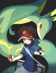  1boy absurdres bag blue_jacket bright_pupils brown_eyes brown_hair clenched_hand commentary_request grey_bag grin highres holding holding_poke_ball jacket male_focus nate_(pokemon) ossan_056 poke_ball poke_ball_(basic) pokemon pokemon_(creature) pokemon_black_2_and_white_2 serperior short_hair smile teeth visor_cap white_pupils zipper_pull_tab 