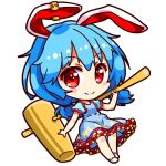  1girl animal_ears blue_dress blue_eyes chibi chibi_only closed_mouth commentary dress earclip full_body holding holding_mallet long_hair lowres mallet one-hour_drawing_challenge puffy_short_sleeves puffy_sleeves rabbit_ears rabbit_girl red_eyes renren_(ah_renren) seiran_(touhou) short_sleeves simple_background smile solo touhou white_background 