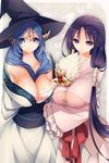  bad_id bad_pixiv_id bare_shoulders blue_eyes blue_hair breasts cleavage front_ponytail goroo hat huge_breasts long_hair magi_the_labyrinth_of_magic multiple_girls purple_eyes purple_hair ren_hakuei witch_hat yamuraiha 